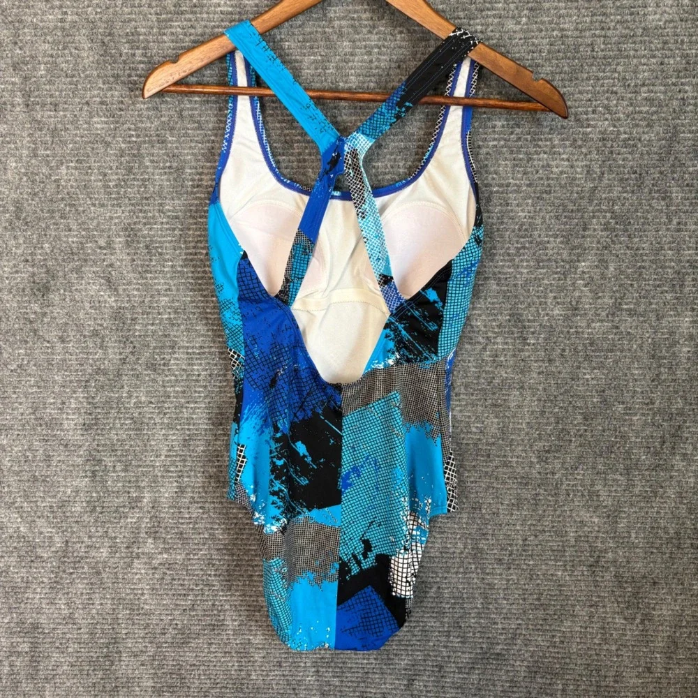 Speedo Endurance+ One Piece Swimsuit Blue Black Abstract Geometric Print Size 10